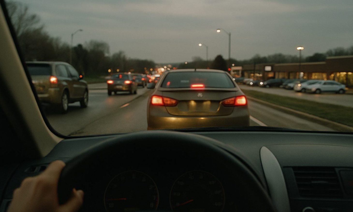 View through a windshield of slow commuter traffic on a four-lane suburban highway at dusk, brake lights ahead