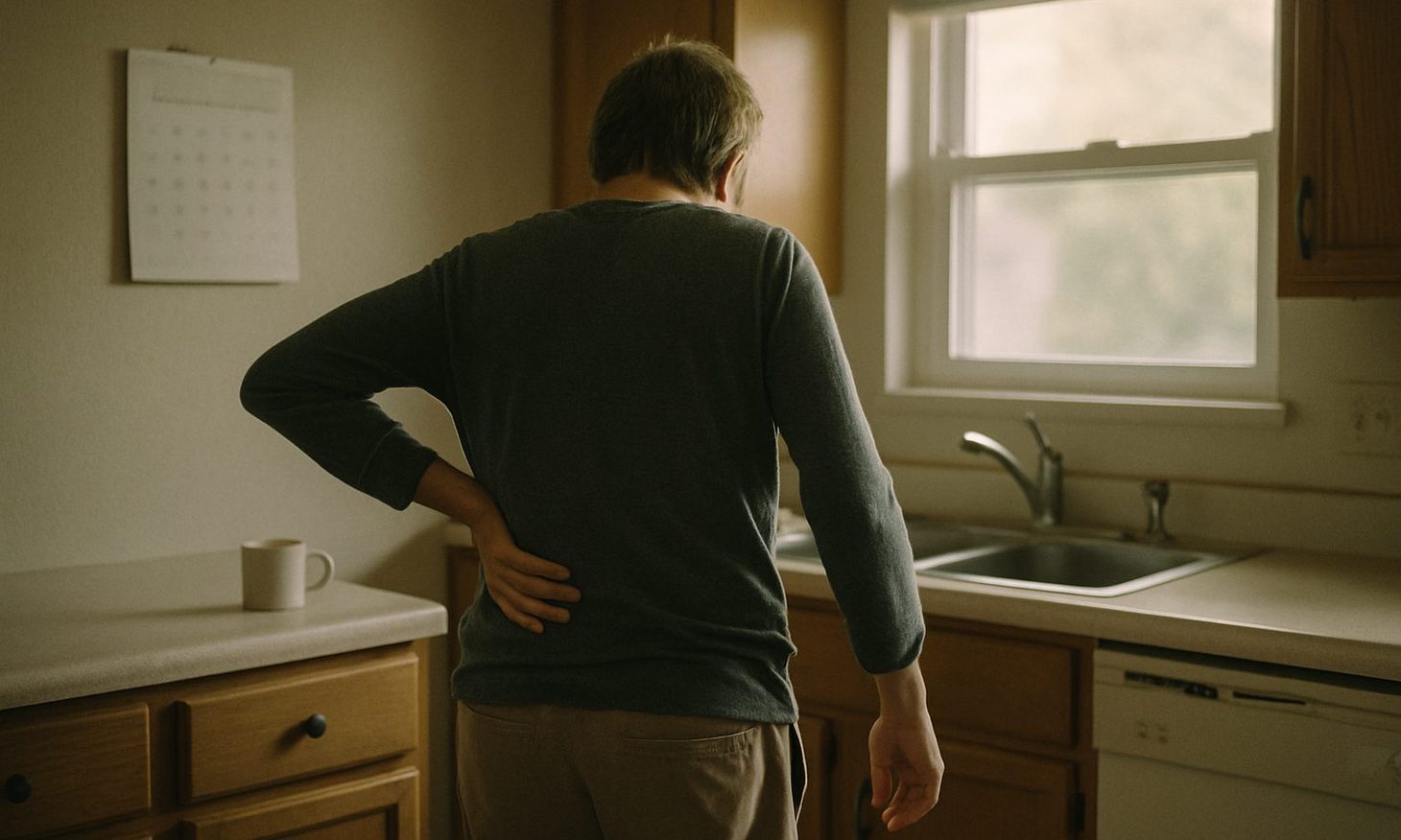 A person seen from behind in a quiet kitchen at seven in the morning, one hand pressed to the small of the back