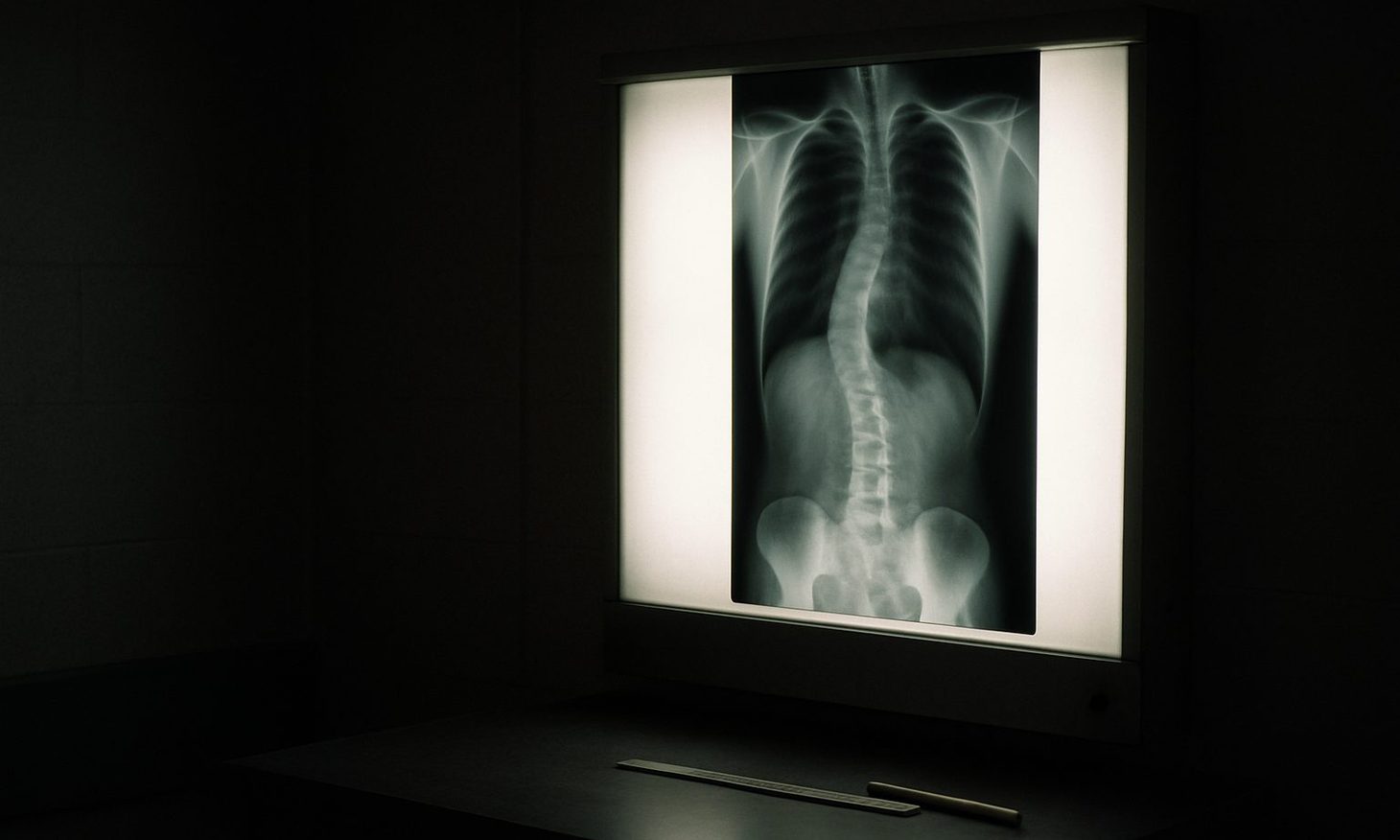 A dim reading room with a lightbox showing a full-spine radiograph with a gentle S-shaped curve, a ruler and grease pencil on the ledge